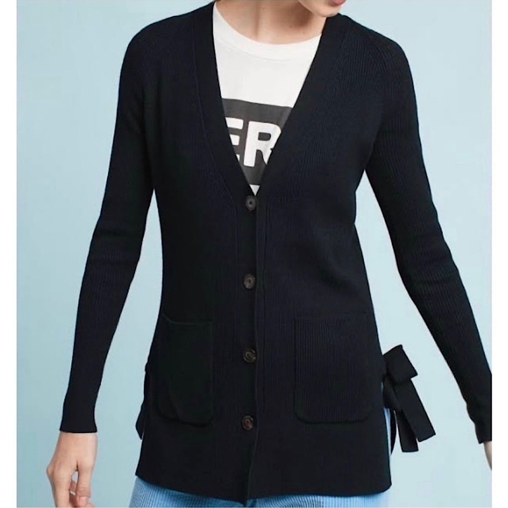 Anthropologie Moth Women’s Anna Tie Side Ribbed‎ Cardigan Sweater Black Size XS